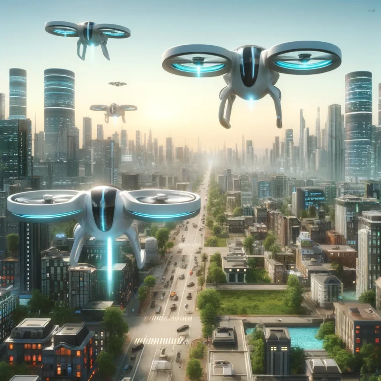 DALL·E 2024 05 06 00.25.46 Futuristic cityscape with drone based transportation. The scene shows a bustling urban environment with multiple drones carrying passengers flying abo