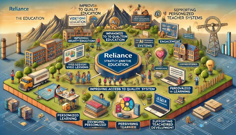 DALL·E 2024 06 17 17.15.31 A professional landscape infographic showcasing Reliances strategy to enter the education market. The image includes elements such as the Reliance lo