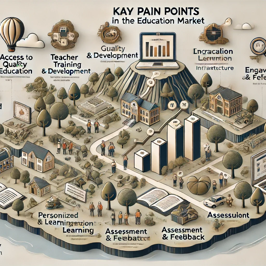 DALL·E 2024 06 17 17.15.35 A detailed landscape infographic presenting the key pain points in the education market. The image includes icons and brief descriptions for each pain