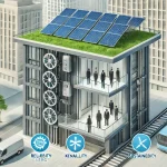 DALL·E 2024 06 18 16.14.48 An innovative elevator system in a modern building running without a traditional power supply. The elevator is connected to solar panels on the build