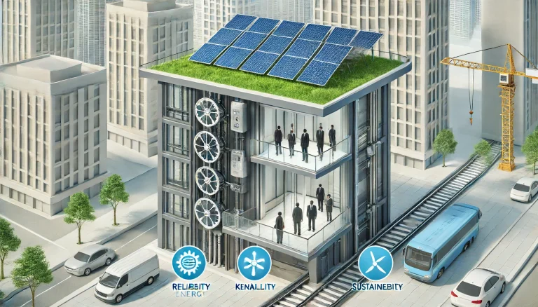 DALL·E 2024 06 18 16.14.48 An innovative elevator system in a modern building running without a traditional power supply. The elevator is connected to solar panels on the build