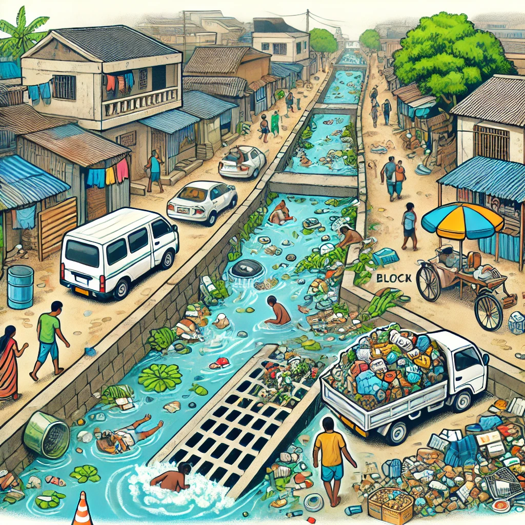 DALL·E 2024 06 19 11.30.38 A detailed illustration showing a slum area with flooded streets blocked drains filled with waste and residents struggling with the consequences of