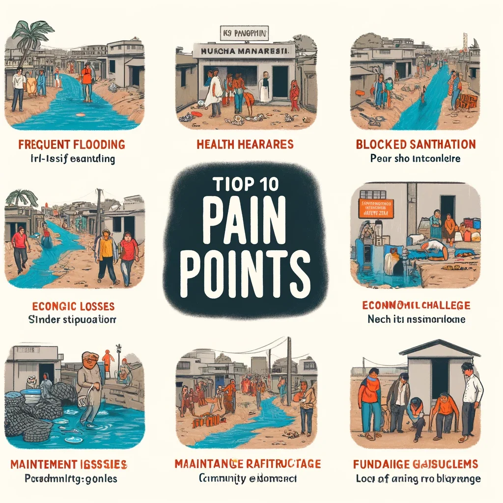 DALL·E 2024 06 19 11.30.42 A detailed illustration depicting the top 10 pain points in a slum area. These include frequent flooding health hazards blocked drains poor sanitat