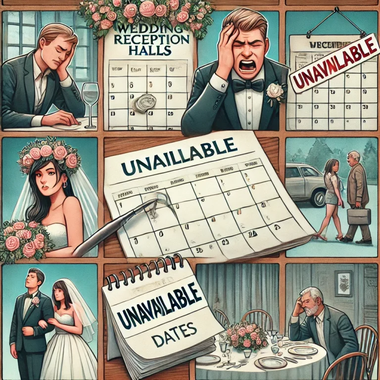 DALL·E 2024 06 19 12.17.26 A detailed illustration showing frustrated couples and families unable to find available wedding and reception halls a calendar showing booked dates 1