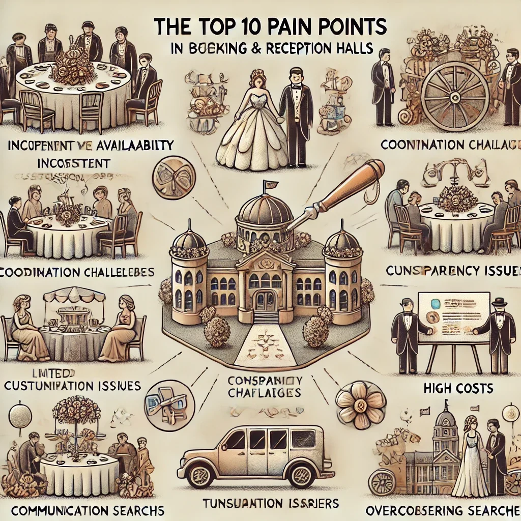 DALL·E 2024 06 19 12.17.28 A detailed illustration depicting the top 10 pain points in booking wedding and reception halls. These include inconsistent venue availability coordi