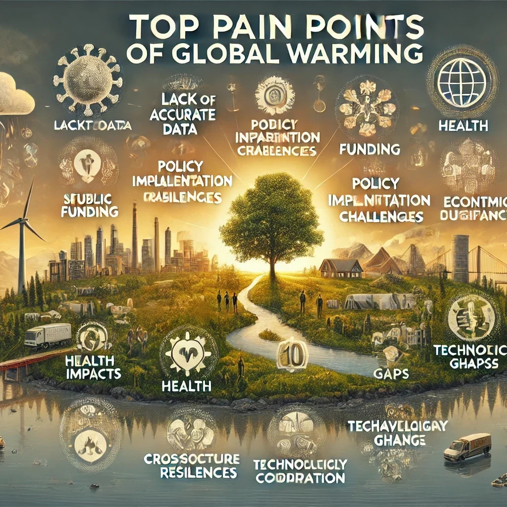 DALL·E 2024 06 19 13.06.00 A professional landscape image highlighting the top 10 pain points related to global warming. The image should feature icons or symbols representing e