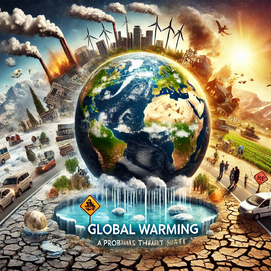 DALL·E 2024 06 19 13.06.02 A professional landscape image illustrating the problem statement of global warming. The image should depict the Earth with rising temperatures extre 1