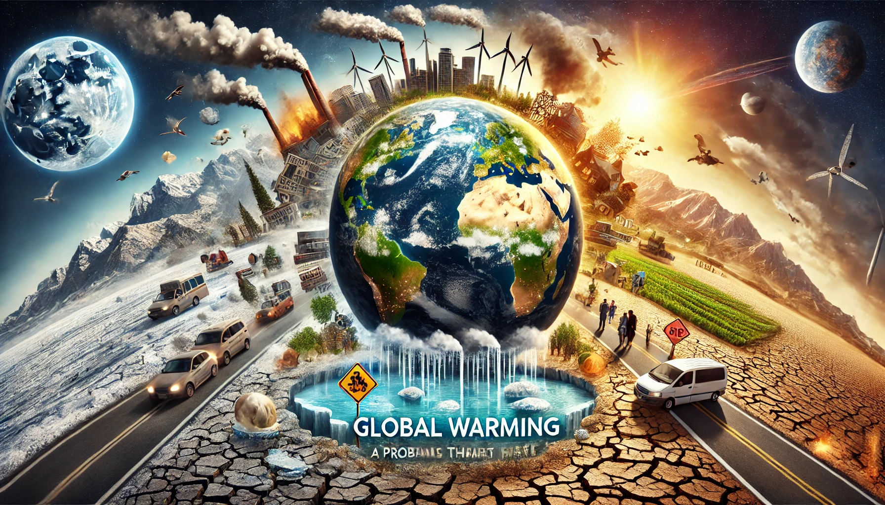 DALL·E 2024 06 19 13.06.02 A professional landscape image illustrating the problem statement of global warming. The image should depict the Earth with rising temperatures extre 1