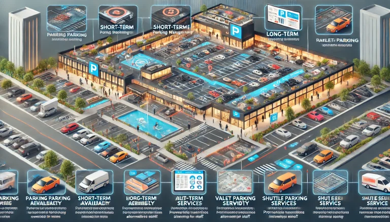 DALL·E 2024 06 19 14.58.58 An image illustrating a comprehensive parking management system for a mall. The image should depict a well organized parking lot with clear signage an 1