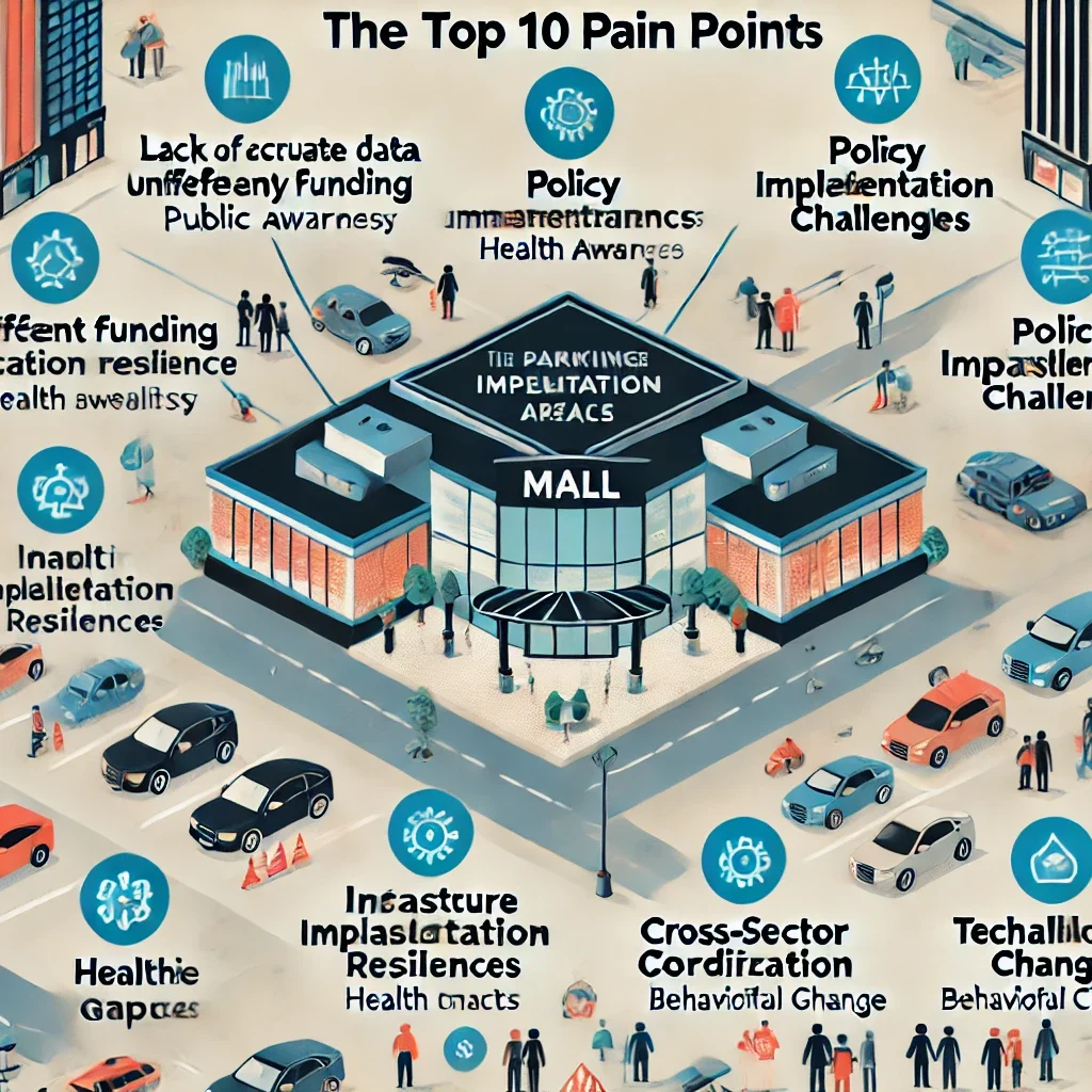 DALL·E 2024 06 19 14.59.00 An image highlighting the top 10 pain points in the parking area of a mall. The image should feature icons or symbols representing each pain point la