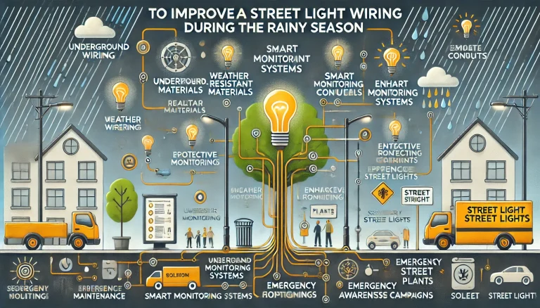 DALL·E 2024 06 19 17.03.33 An image illustrating a comprehensive plan to improve street light wiring during the rainy season. The image should depict underground wiring weather