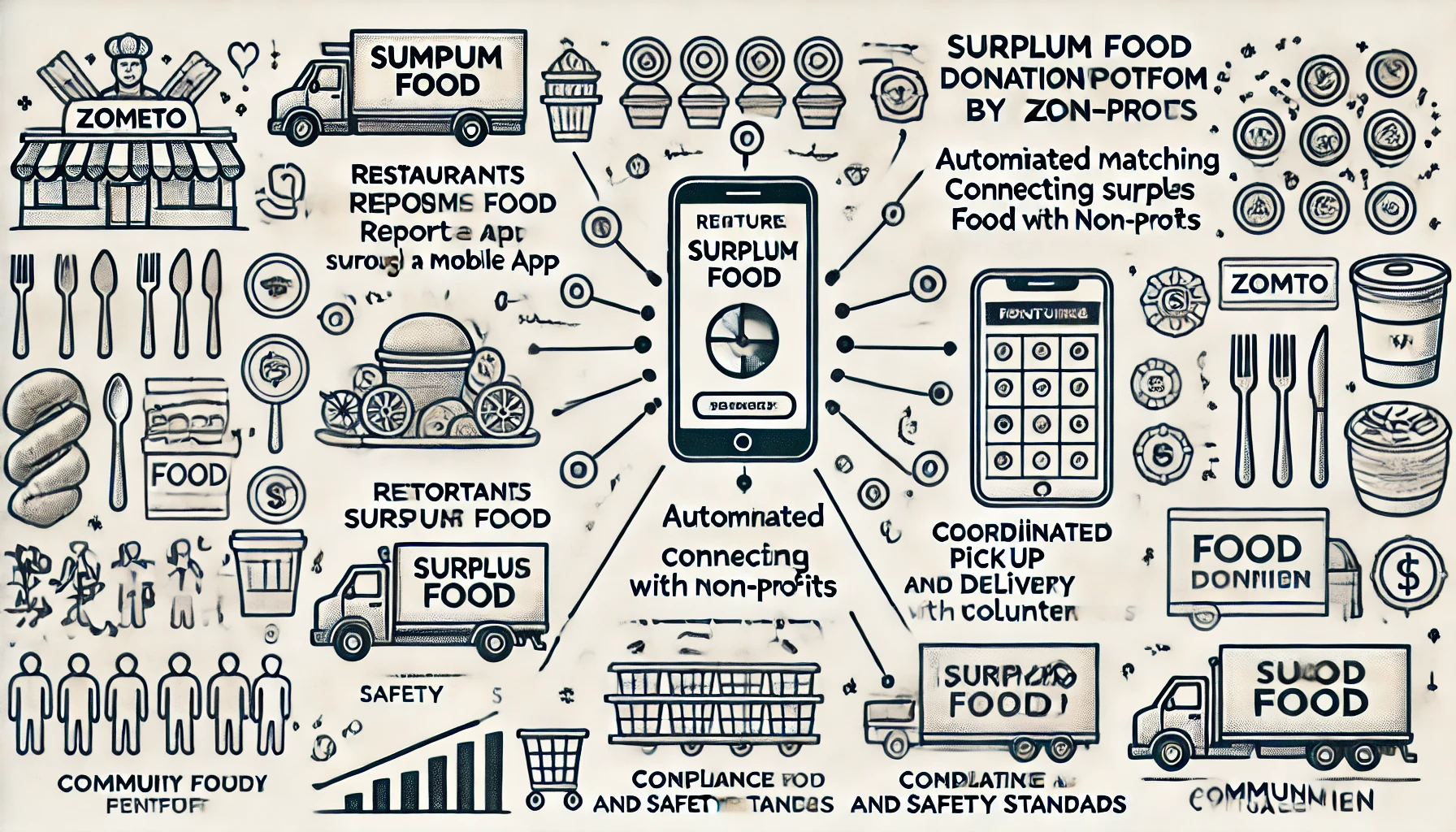 DALL·E 2024 06 19 17.39.34 An image illustrating the vision for a surplus food donation platform by Zomato. The image should show various features including restaurants reportin