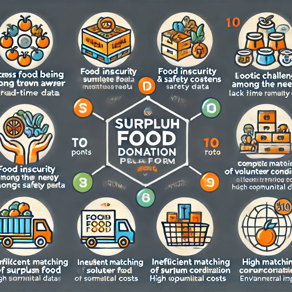 DALL·E 2024 06 19 17.39.36 An image highlighting the top 10 pain points related to food waste and hunger that the surplus food donation platform aims to address. The image shoul