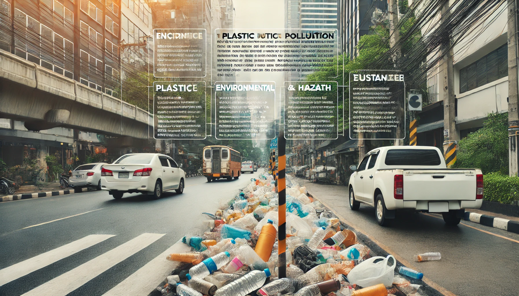 DALL·E 2024 06 21 11.42.50 A clean and professional landscape image depicting urban streets littered with plastic waste including bottles bags and packaging materials. Text o