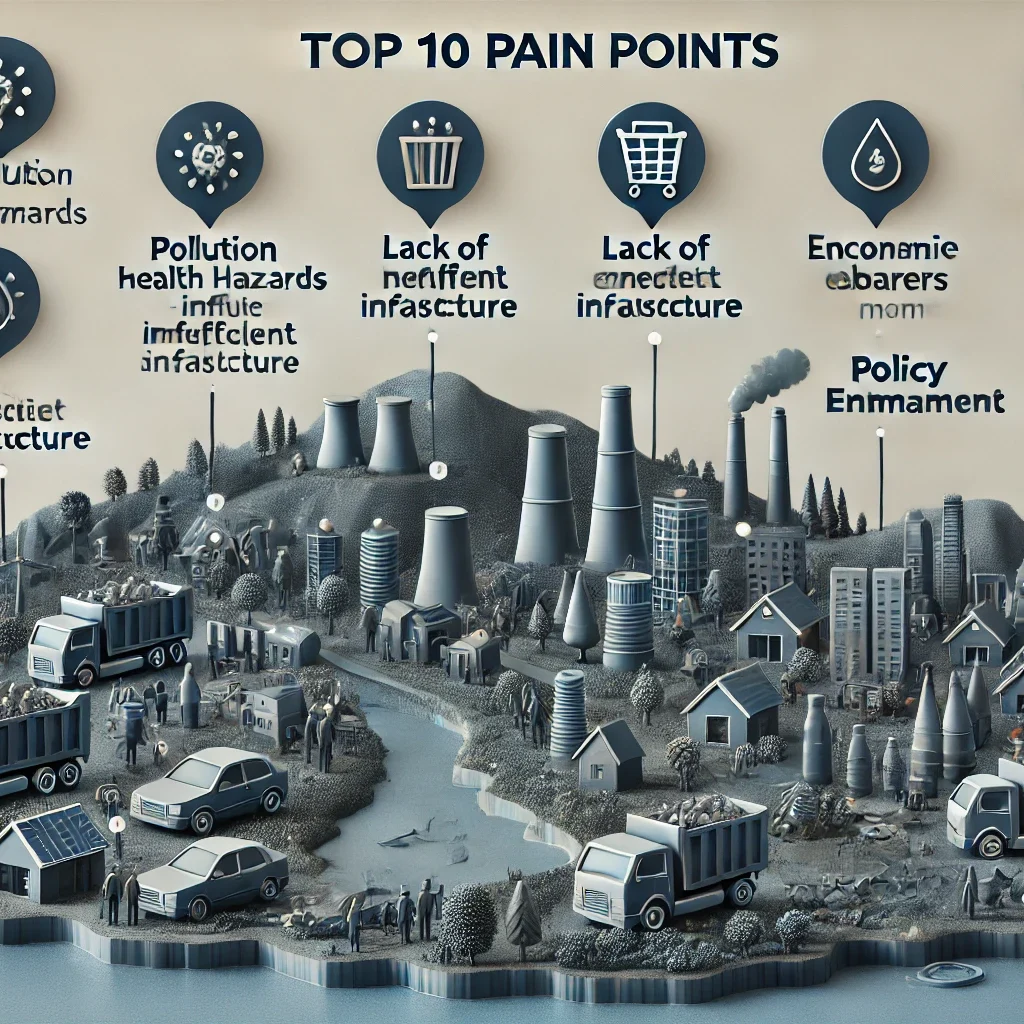 DALL·E 2024 06 21 11.42.53 A detailed landscape image visualizing the top 10 pain points related to plastic waste management. Each pain point should be represented with a small