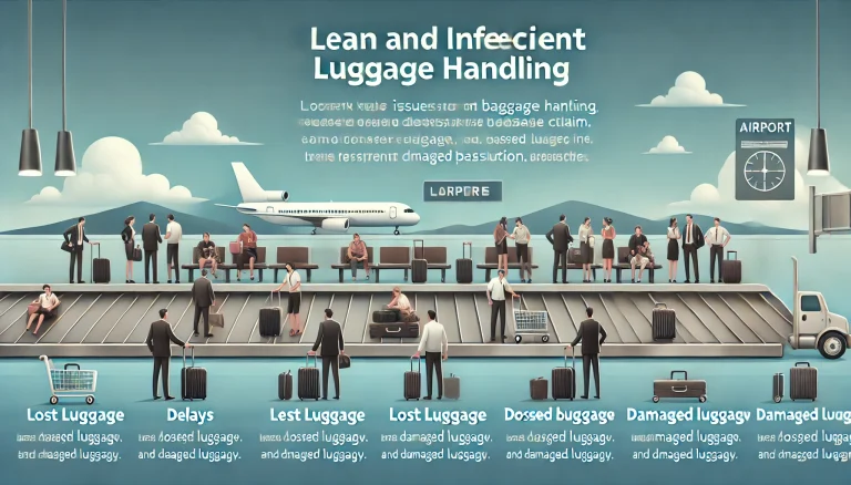 DALL·E 2024 06 21 12.10.20 A clean and professional landscape image illustrating the problem of inefficient luggage handling at an airport. The image should depict passengers wa