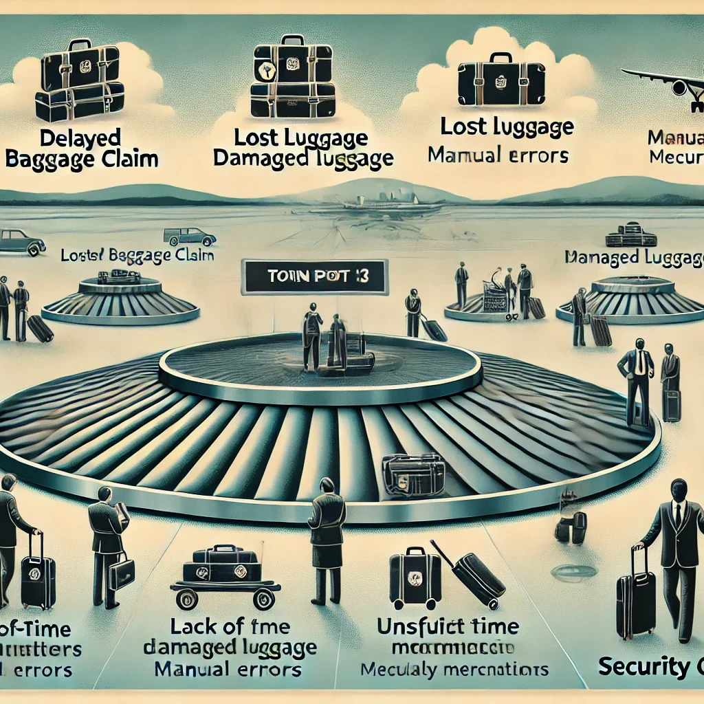 DALL·E 2024 06 21 12.10.25 A detailed landscape image visualizing the top 10 pain points related to luggage handling at an airport. Each pain point should be represented with a