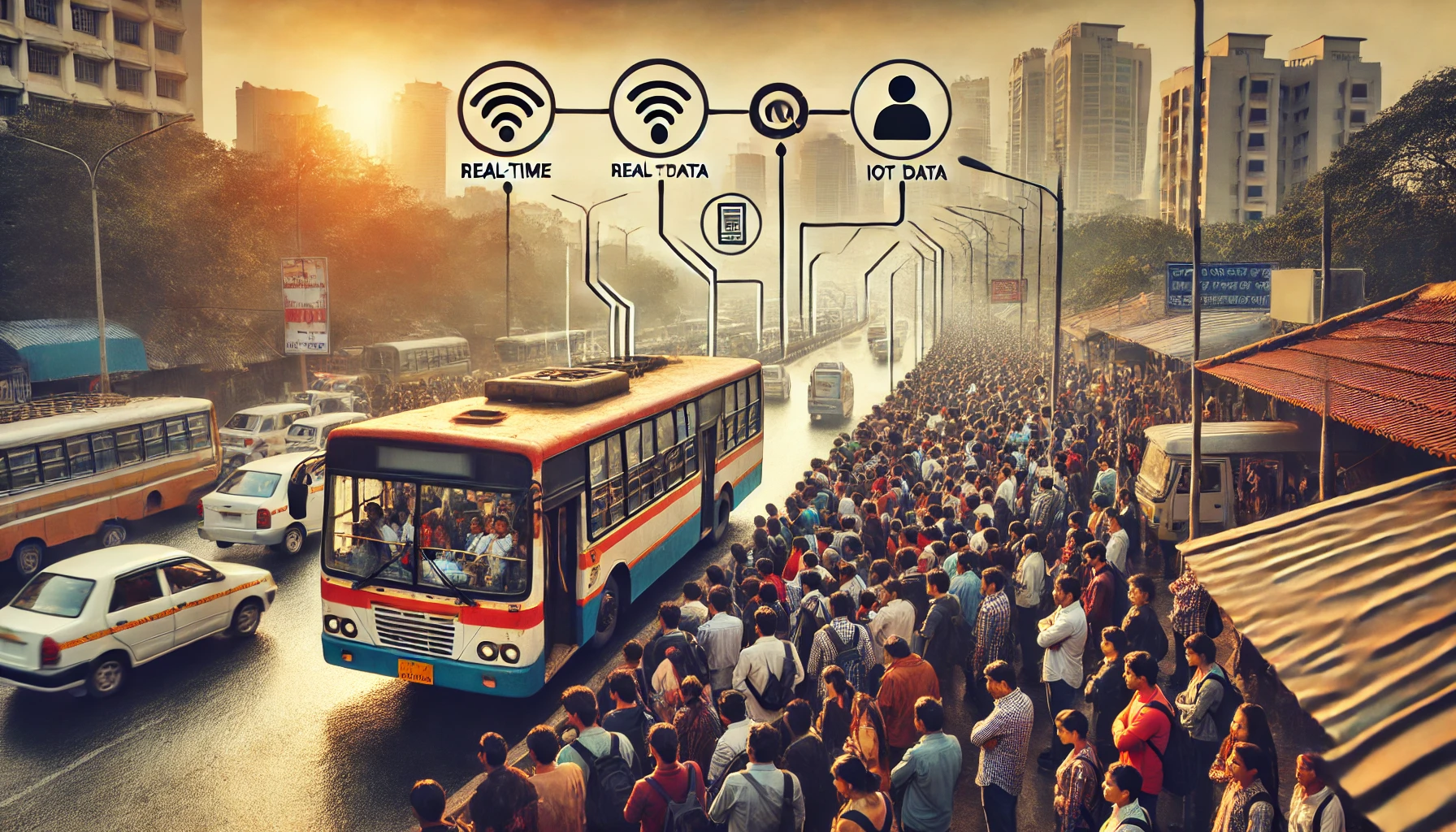 Transforming Public Transport in Pune with Smart Crowd Management 2 DALL·E 2024 06 21 12.47.43 A landscape image showing an overcrowded bus in Pune during peak hours. The bus is filled with passengers standing and sitting looking uncomfortable