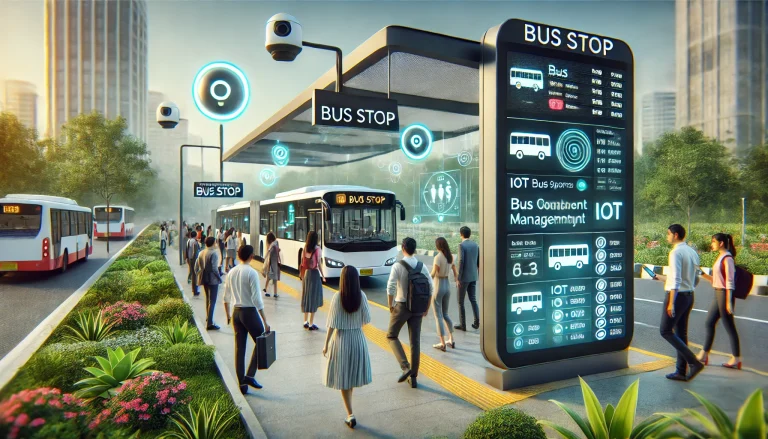 DALL·E 2024 06 21 12.51.43 A futuristic bus stop in Pune with a smart crowd management system. The bus stop has digital screens showing real time bus schedules and occupancy lev