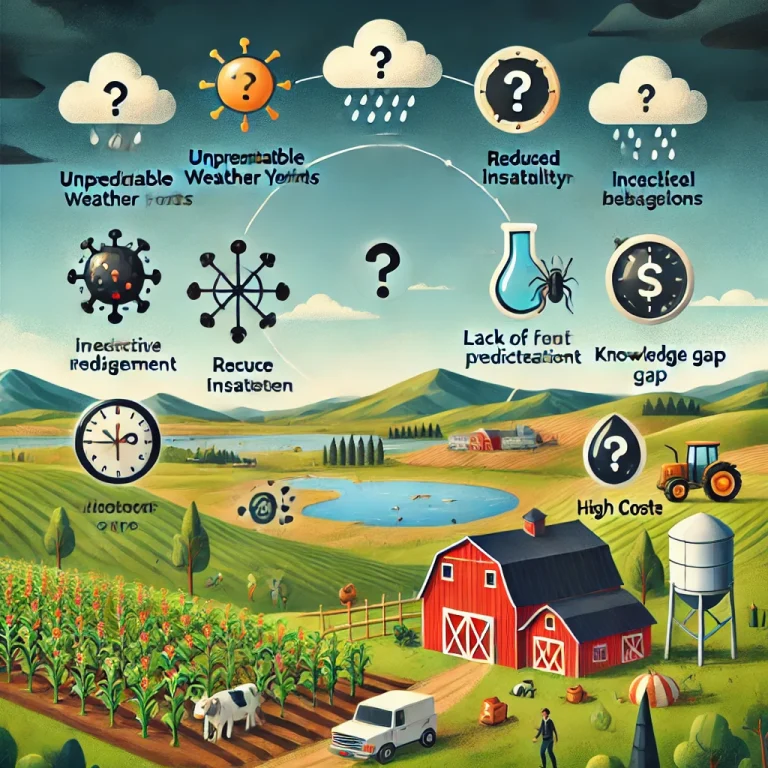 DALL·E 2024 06 25 10.52.19 A landscape image titled Farmers Pain Points Due to Climate Change depicting a farm scene with various icons representing the following pain points