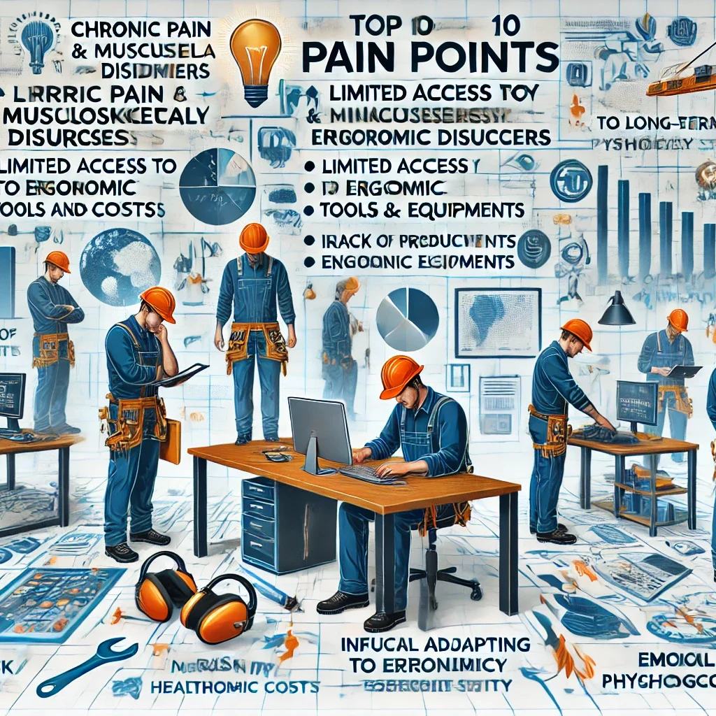 DALL·E 2024 06 25 15.56.01 A professional landscape image showcasing the top 10 pain points faced by wiremen due to ergonomic issues in the electrical trade. The image includes 1 1