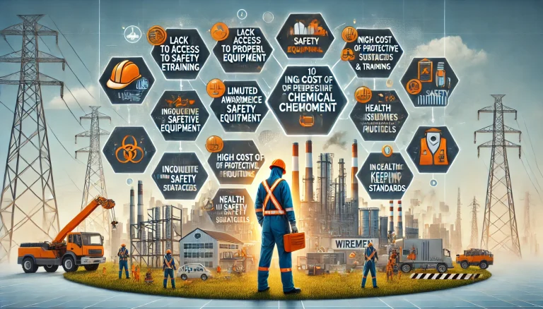 DALL·E 2024 06 25 16.57.44 A professional landscape image showcasing the top 10 pain points faced by wiremen due to exposure to hazardous chemicals. The image includes visuals r