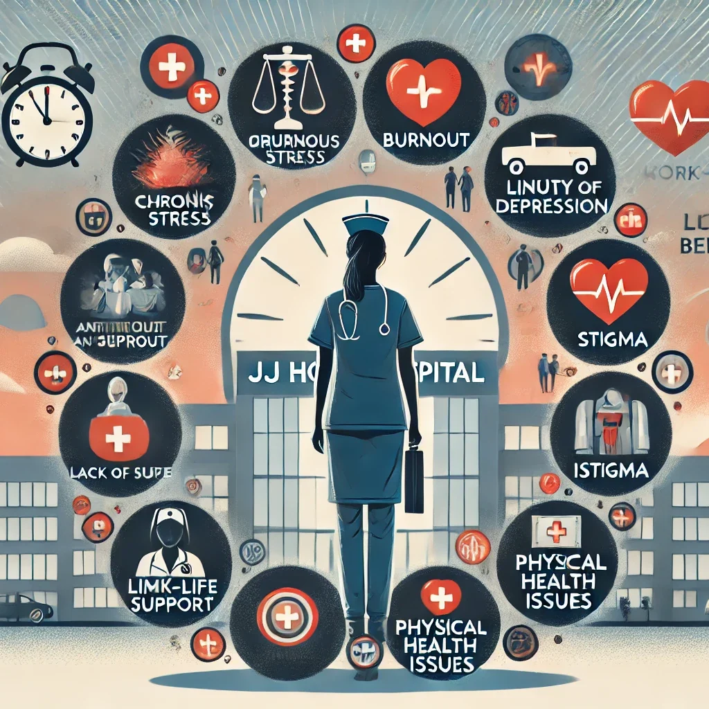 DALL·E 2024 06 26 11.29.00 A landscape image highlighting the top 10 pain points faced by nurses at JJ Hospital. The image should have a central figure of a nurse surrounded by