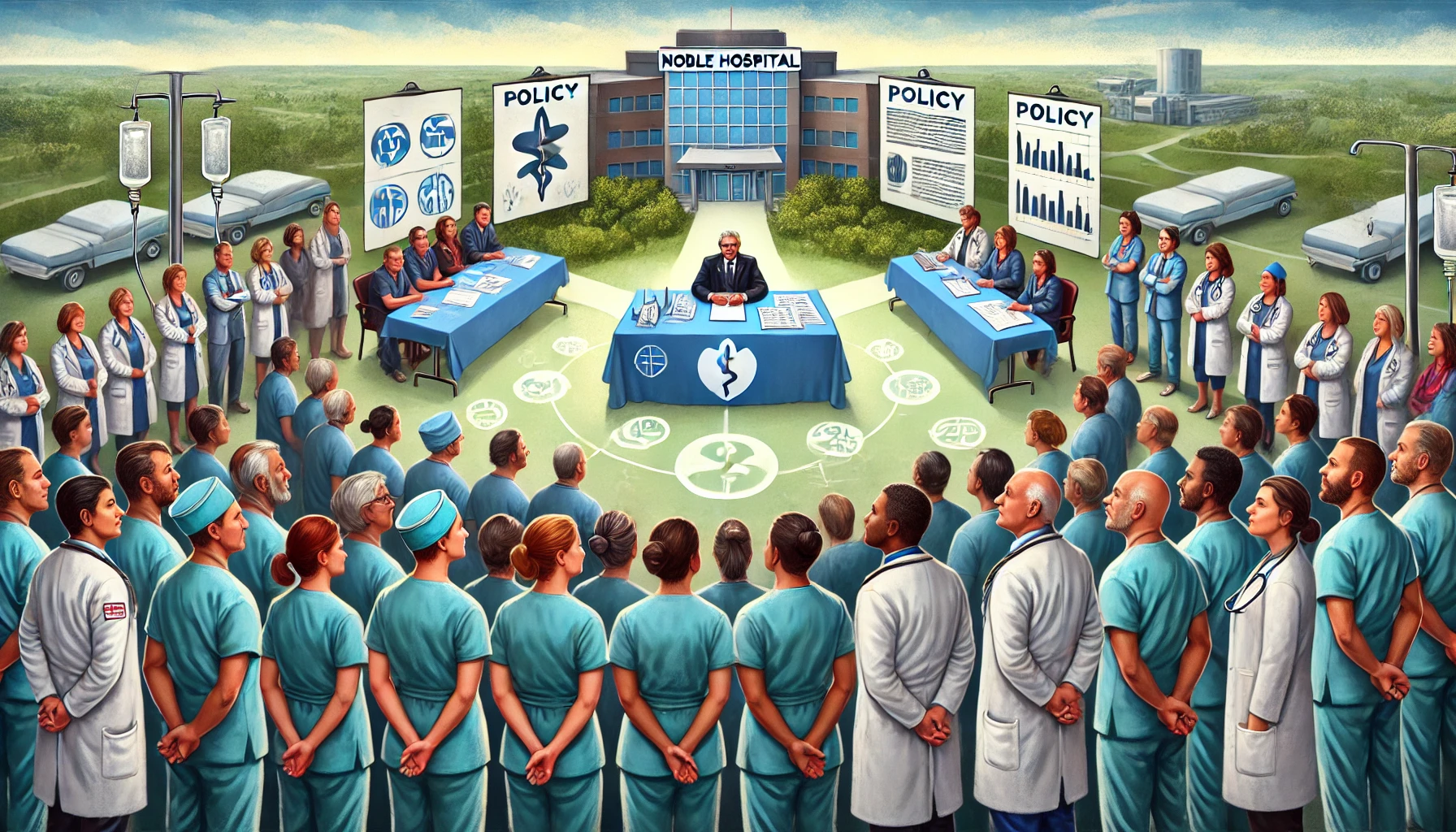 DALL·E 2024 06 26 11.48.52 A landscape image illustrating the problem of underrepresentation of nurses in leadership and decision making positions at Noble Hospital. The image s 1