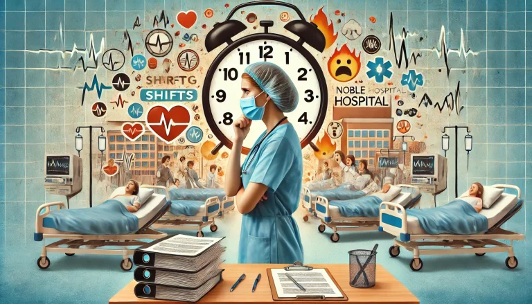 DALL·E 2024 06 26 12.56.17 A landscape image illustrating the problem of staffing shortages in healthcare settings impacting nurses at Noble Hospital. The image should show a nu