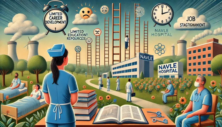 DALL·E 2024 06 26 13.09.32 A landscape image illustrating the problem of limited opportunities for professional development and career advancement for nurses at Navle Hospital.