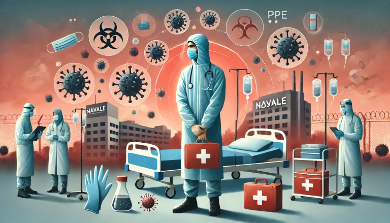 DALL·E 2024 06 26 13.23.59 A landscape image illustrating the problem of high risk of exposure to infectious diseases faced by nurses at Navale Hospital. The image should show a