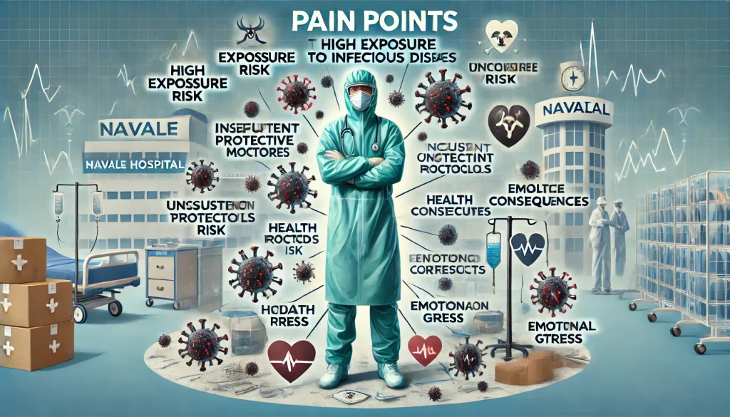 DALL·E 2024 06 26 13.24.51 A landscape image highlighting the pain points faced by nurses at Navale Hospital due to high exposure to infectious diseases. The image should have a