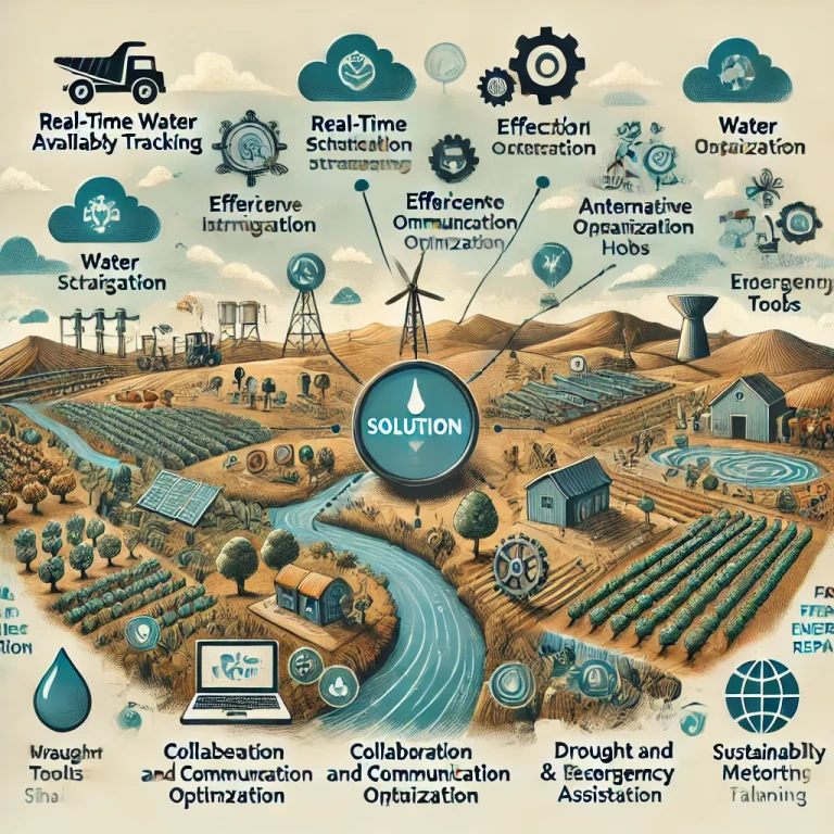 DALL·E 2024 06 27 11.03.25 A professional landscape image summarizing the comprehensive solution to water scarcity for farmers in arid regions. The image should include the foll