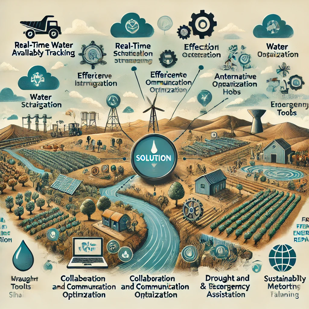 AgriWaterHub: Revolutionizing Water Management for Farmers in Arid Regions with Innovative Technology and Collaborative Solutions 3 DALL·E 2024 06 27 11.03.25 A professional landscape image summarizing the comprehensive solution to water scarcity for farmers in arid regions. The image should include the foll
