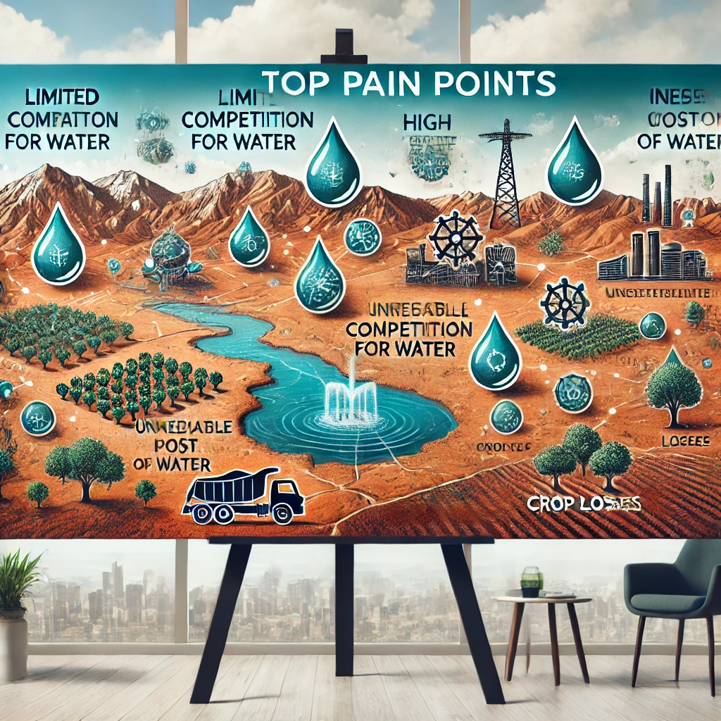 AgriWaterHub: Revolutionizing Water Management for Farmers in Arid Regions with Innovative Technology and Collaborative Solutions 2 DALL·E 2024 06 27 11.03.28 A professional landscape image illustrating the top pain points related to water scarcity for farmers in arid regions. The image should include the fo
