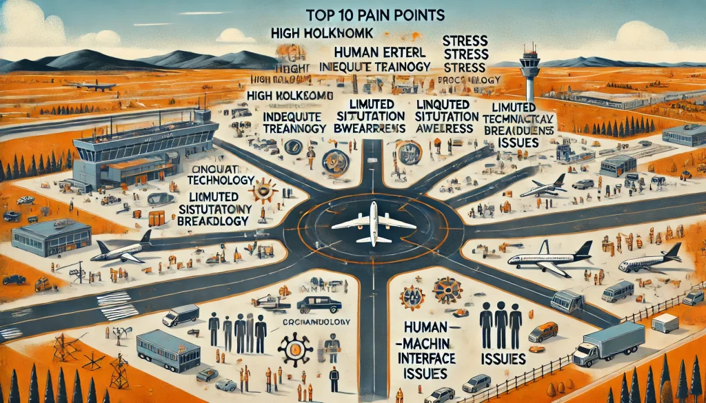 DALL·E 2024 07 03 12.25.03 A detailed landscape image showcasing the top 10 pain points related to human error in air traffic control ATC. Include icons and short descriptions