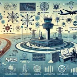 DALL·E 2024 07 03 12.53.48 A detailed landscape image showcasing the problem statement of the vulnerability of air traffic control ATC systems to cyberattacks. Include depicti