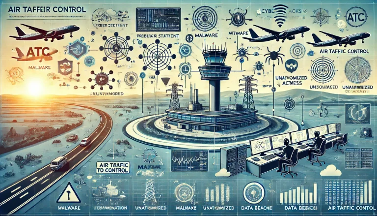 DALL·E 2024 07 03 12.53.48 A detailed landscape image showcasing the problem statement of the vulnerability of air traffic control ATC systems to cyberattacks. Include depicti