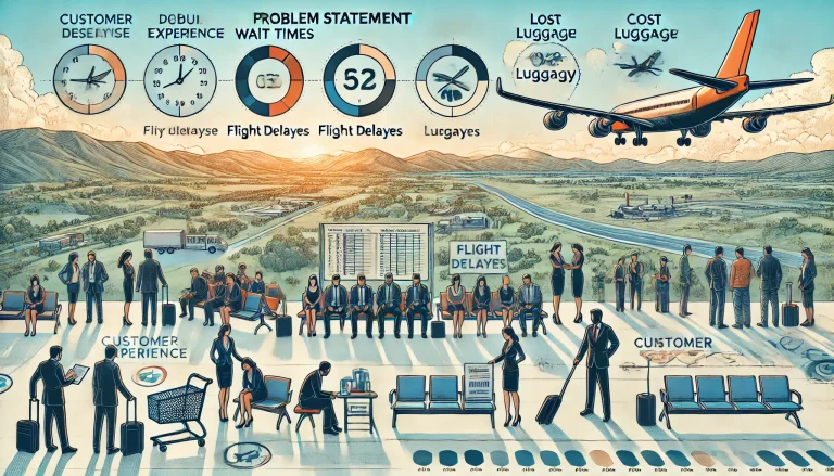 DALL·E 2024 07 03 13.45.05 A detailed landscape image showcasing the problem statement of customer experience and satisfaction in the airline industry. Include depictions of pas