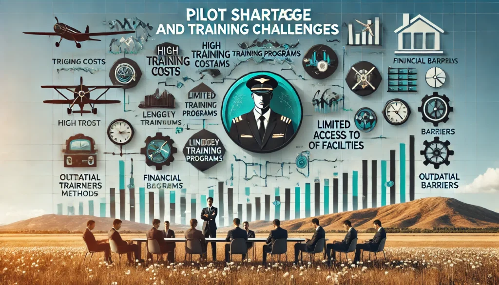 DALL·E 2024 07 03 15.08.00 A professional landscape image showcasing the problem statement of pilot shortage and training challenges. The image includes a title Pilot Shortage 1 1