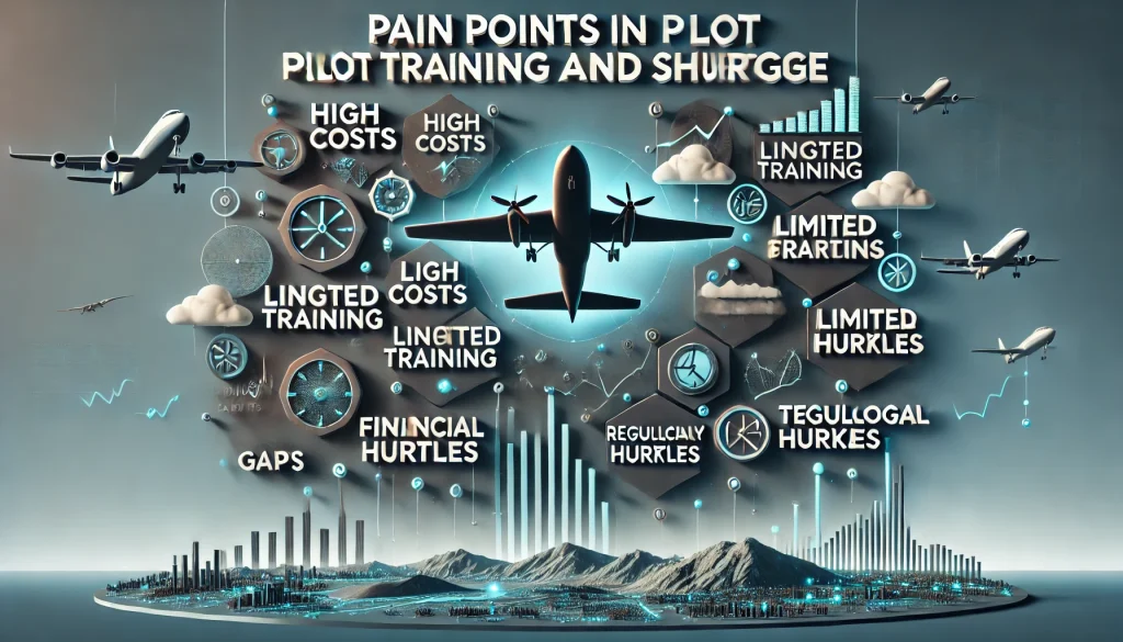 DALL·E 2024 07 03 15.08.03 A professional landscape image showcasing the pain points in pilot training and shortage. The image includes a title Pain Points in Pilot Training an