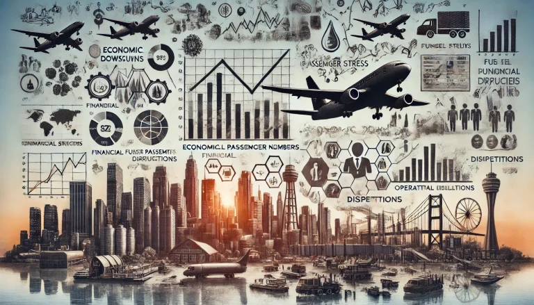 DALL·E 2024 07 03 15.47.16 A professional landscape image depicting the problem statement Economic downturns significantly impact the airline industry. The image should include