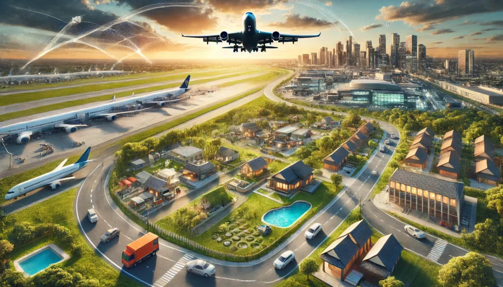 Navigating the Impact: How the Airline Industry Shapes and Challenges Local Communities 1 DALL·E 2024 07 04 11.24.44 A professional landscape image depicting the impact of the airline industry on local communities. The image should include an airport with planes taki
