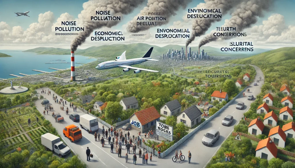 Navigating the Impact: How the Airline Industry Shapes and Challenges Local Communities 2 DALL·E 2024 07 04 11.25.02 A professional landscape image illustrating the top pain points experienced by local communities due to the airline industry. The image should include