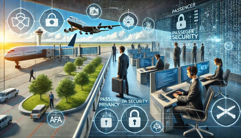 DALL·E 2024 07 04 12.48.55 A professional landscape image illustrating the focus on passenger privacy and data security in the airline industry. The image should include element