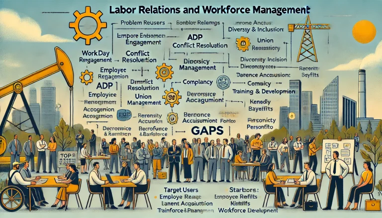 DALL·E 2024 07 04 14.36.29 A professional landscape image summarizing all information related to labor relations and workforce management. The image should include the following