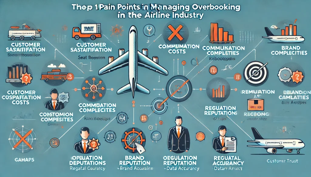 DALL·E 2024 07 04 15.53.32 An infographic illustrating the top 10 pain points in managing overbooking and seat allocation in the airline industry. Include icons and brief descri