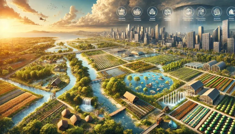 DALL·E 2024 07 05 11.33.34 A professional landscape image illustrating climate change adaptation. The image should depict a variety of elements including coastal protection barr
