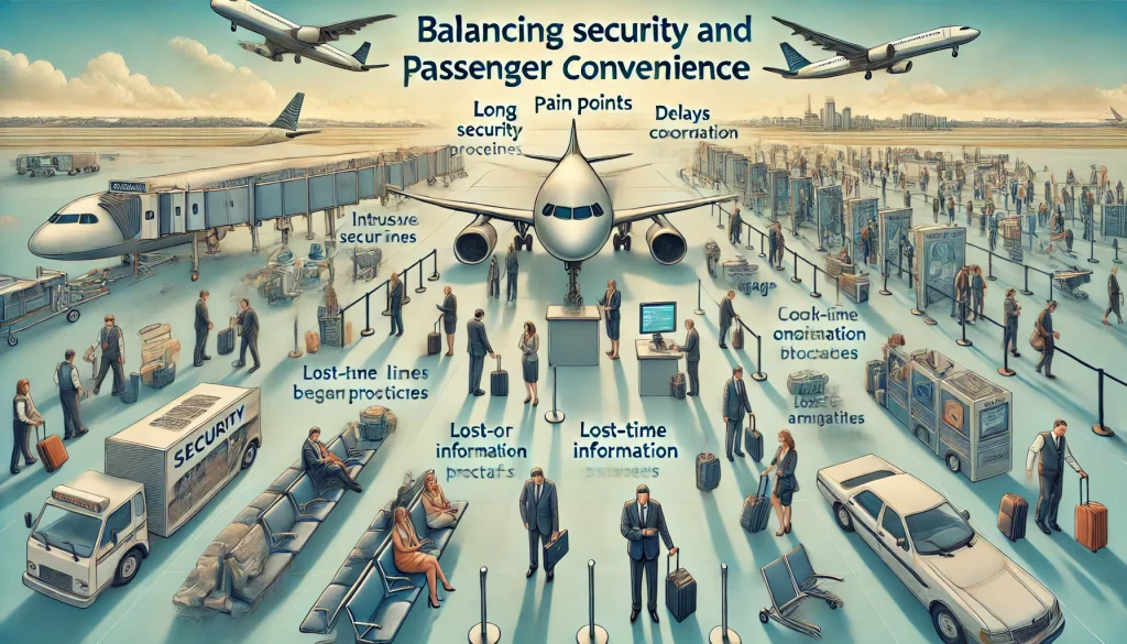 DALL·E 2024 07 05 11.55.50 A professional landscape image depicting the top pain points of balancing security and passenger convenience in airports. The image should include ele