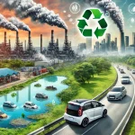 DALL·E 2024 07 08 11.31.00 Create a professional landscape image illustrating the problem of environmental pollution caused by the automotive industry. Highlight air pollution f